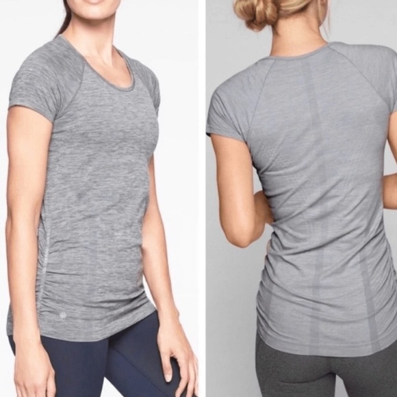 Athleta Speedlight Dark Grey Spacedye Short Sleeve Fitted Athletic Tee Size XL - Picture 4 of 8